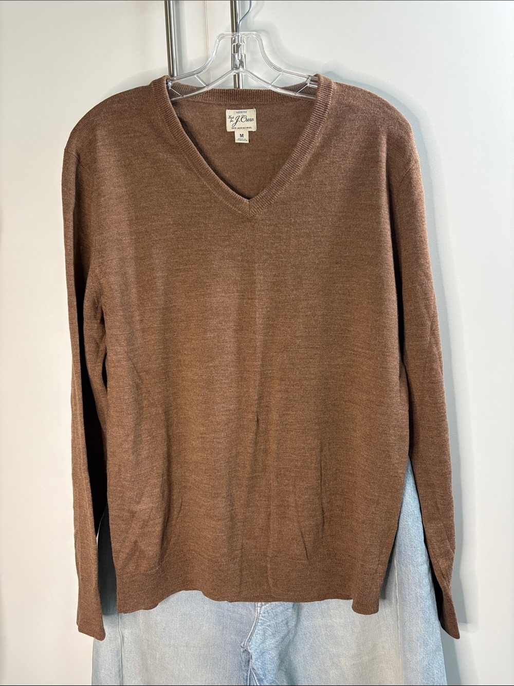 J. Crew Men's V-Neck Merino Wool Sweater in Warm Brown M